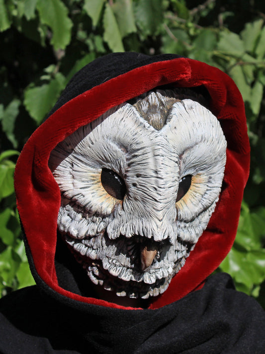 white barn owl mask made in resin for cosplay costumes with red hood