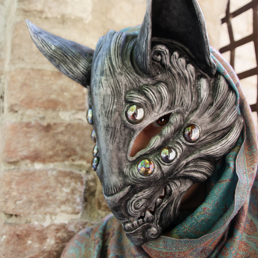 Handcrafted silver resin Kitsune mask, inspired by Japanese fox spirits