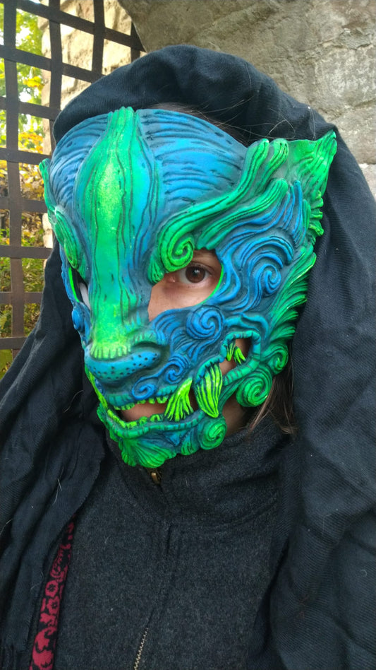 Oni Mask worn for cosplay, comfortable fit, UV reactive, LARP accessory