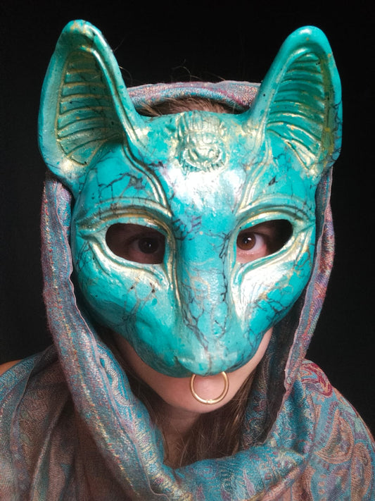 Turquoise Bastet Mask made in resin with gold details for Larp Clothing and Cosplay costumes