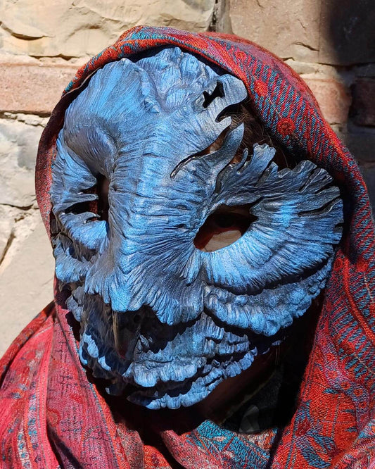 Handcrafted Glow-in-the-Dark Barn Owl Mask, UV reactive resin, phosphorescent and luminescent colors, intricate carvings, suitable for LARP, cosplay, and costume events.