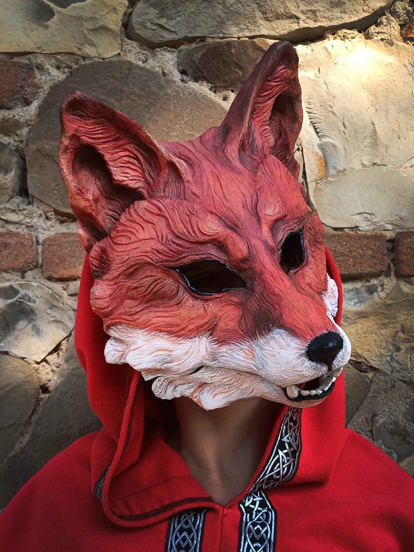 Finished Huli Jing fox mask, inspired by Japanese fox masks, ready for use