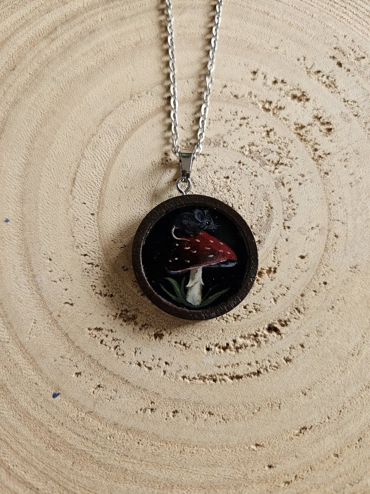Hand-Painted Miniature Painting Necklace, Gothic Nature Pendant, Stainless Steel Chain, Original Art Jewelry