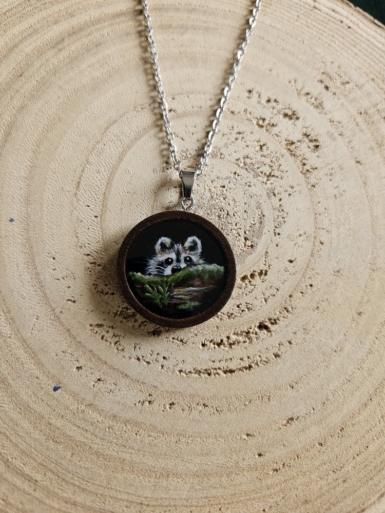 Hand-Painted Miniature Painting Necklace, Gothic Nature Pendant, Stainless Steel Chain, Original Art Jewelry