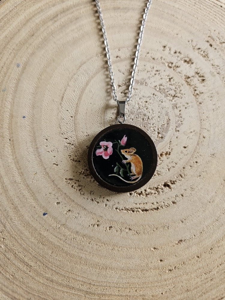 Hand-Painted Miniature Painting Necklace, Gothic Nature Pendant, Stainless Steel Chain, Original Art Jewelry
