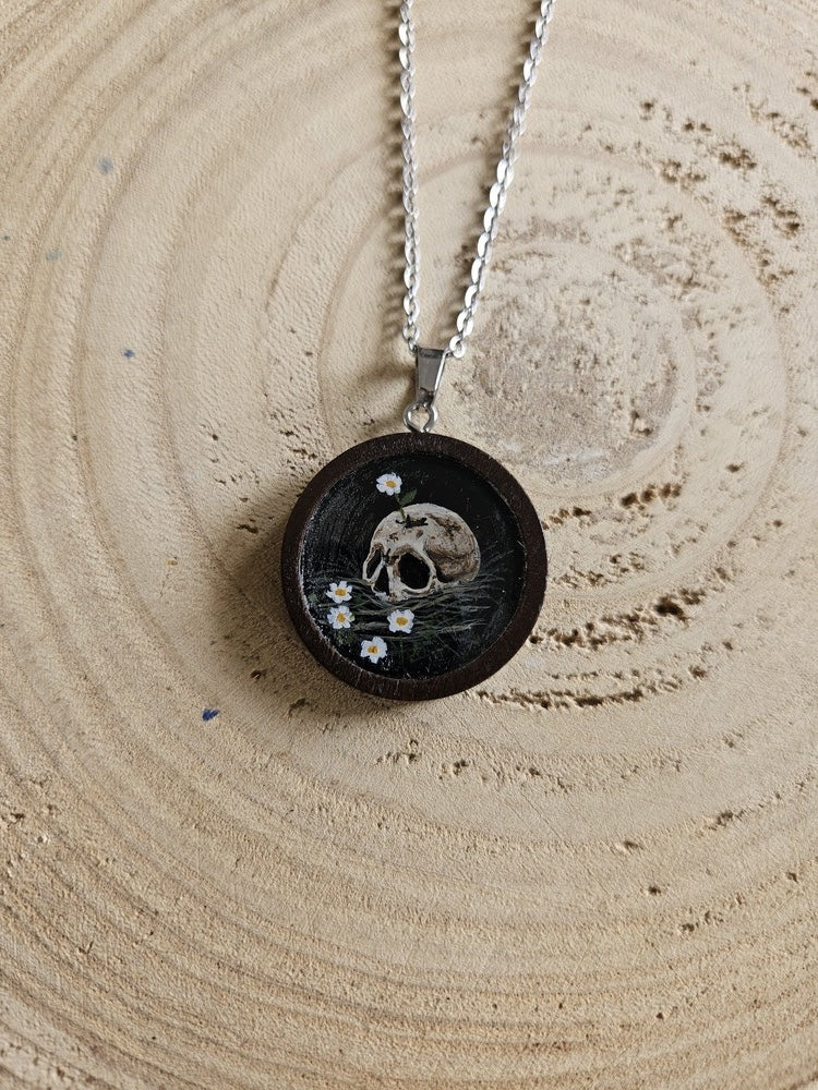 Hand-Painted Miniature Painting Necklace, Gothic Nature Pendant, Stainless Steel Chain, Original Art Jewelry