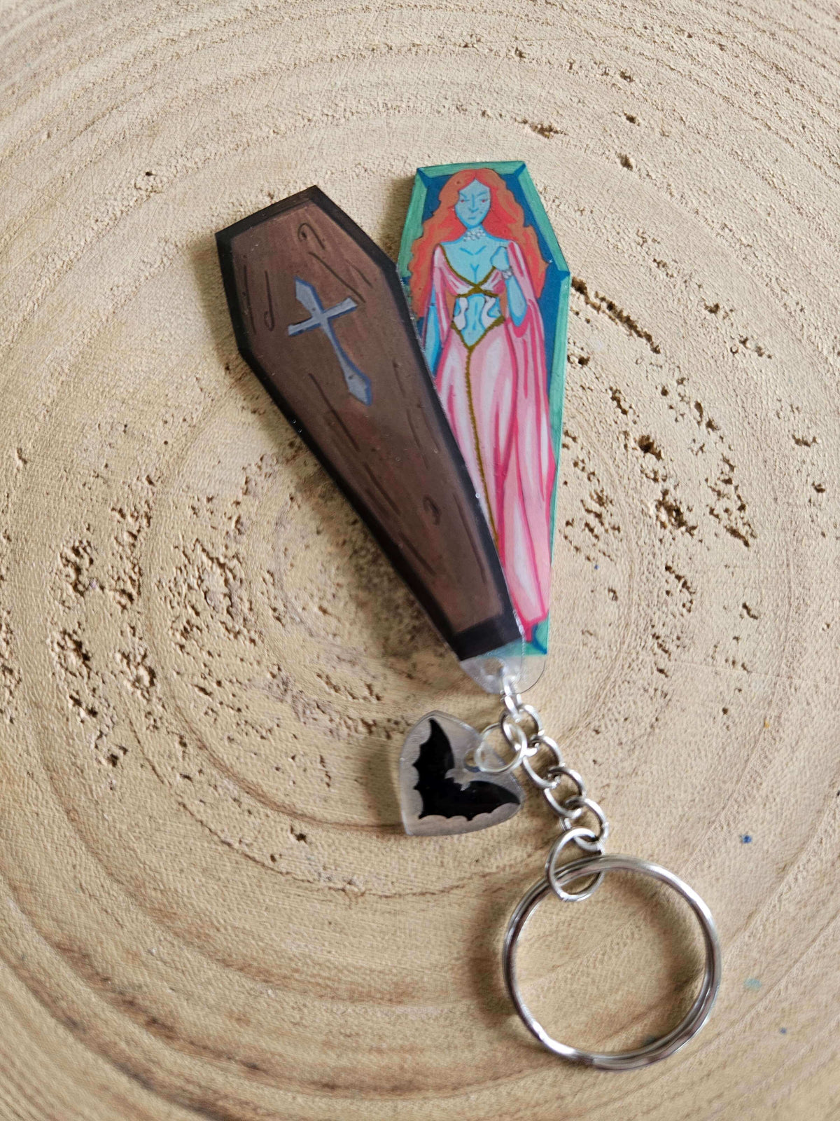 Handmade Gothic Coffin Keychain, Vampire Horror Accessory, Hand-Painted Dark Art