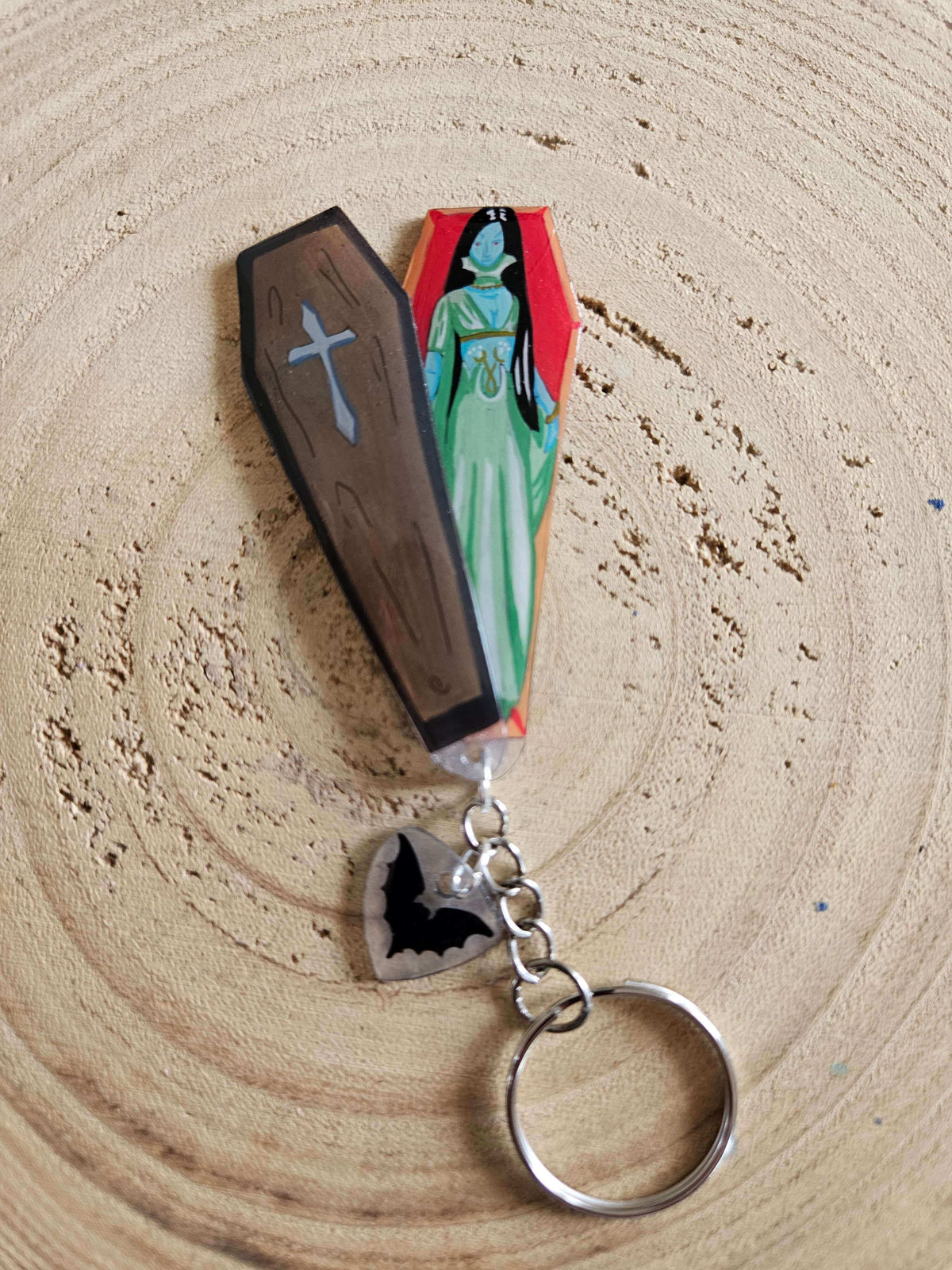 Handmade Gothic Coffin Keychain, Vampire Horror Accessory, Hand-Painted Dark Art
