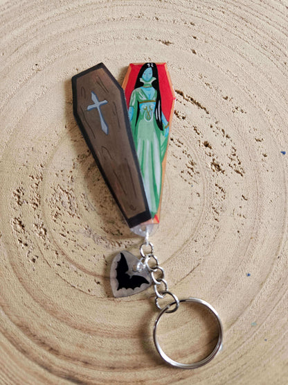 Handmade Gothic Coffin Keychain, Vampire Horror Accessory, Hand-Painted Dark Art
