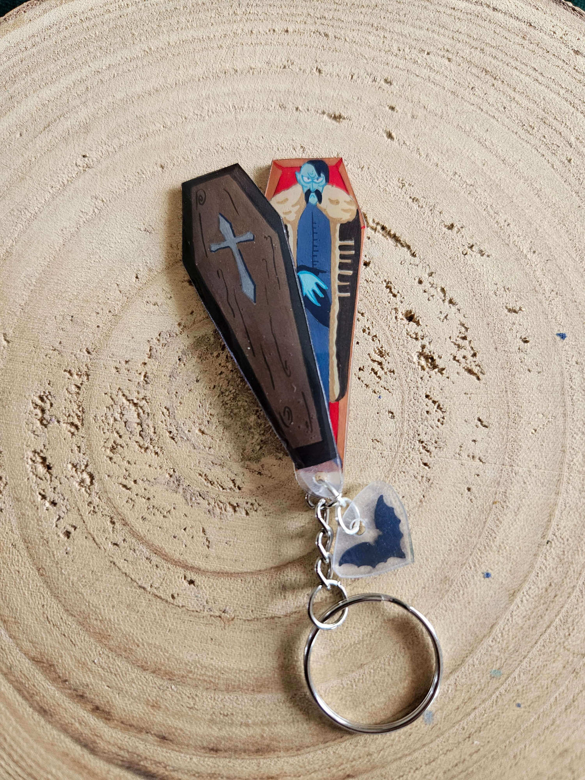 Handmade Gothic Coffin Keychain, Vampire Horror Accessory, Hand-Painted Dark Art