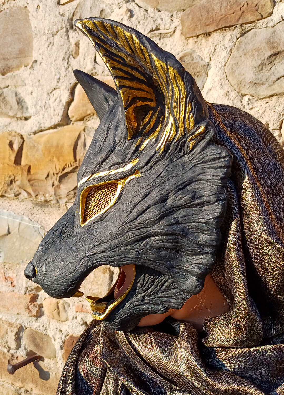 Side view of the Fenrir Wolf Anubis mask, showing its design and fit