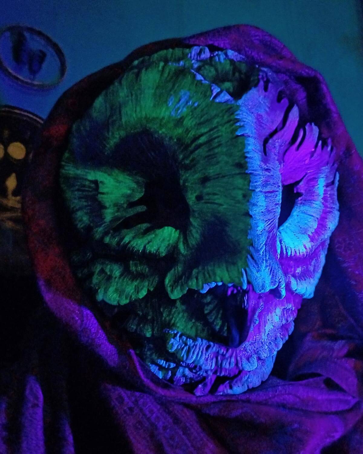 Glow-in-the-Dark Barn Owl Mask, phosphorescent and luminescent colors, detailed carvings, lightweight 250 grams, ideal for night-themed events