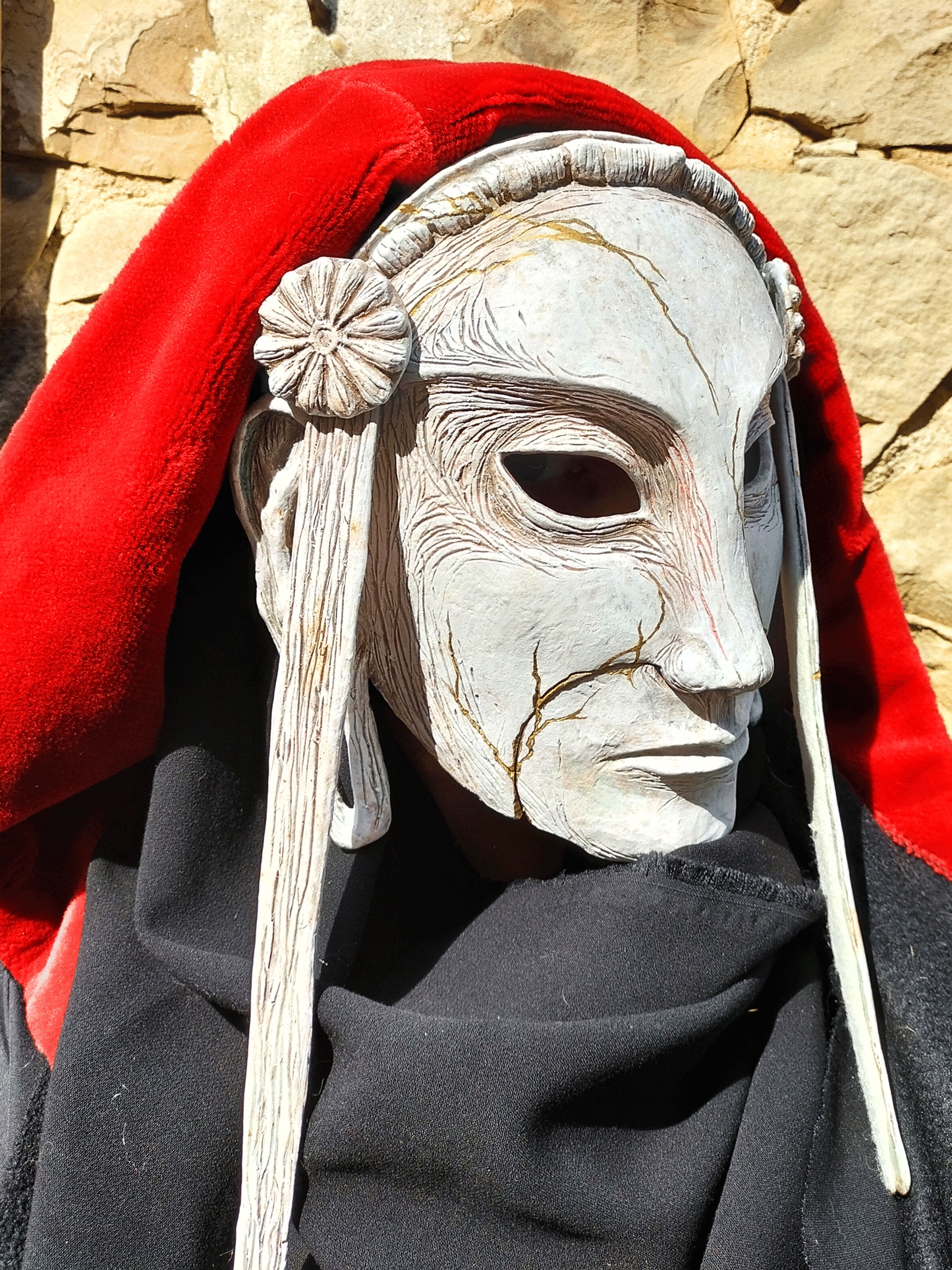 Handcrafted Stone Poet Face mask, detailed resin sculpture, multiple mask configurations, adjustable fit, comfortable padded interior, suitable for theatrical performances.