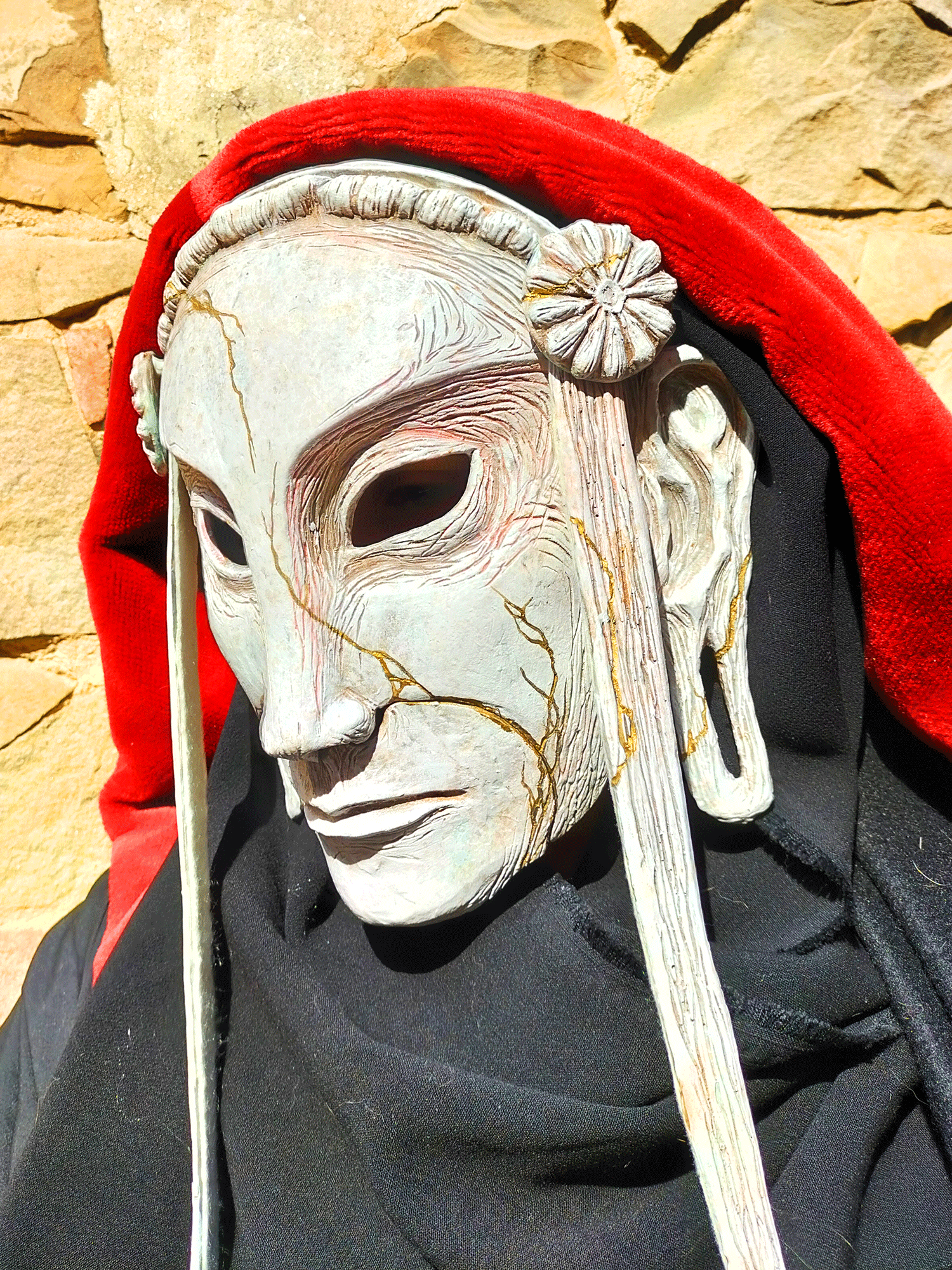 Stone Poet Face mask for LARP and cosplay events, comfortable fit with adjustable elastics, padded interior, various customization options, ideal for themed events.