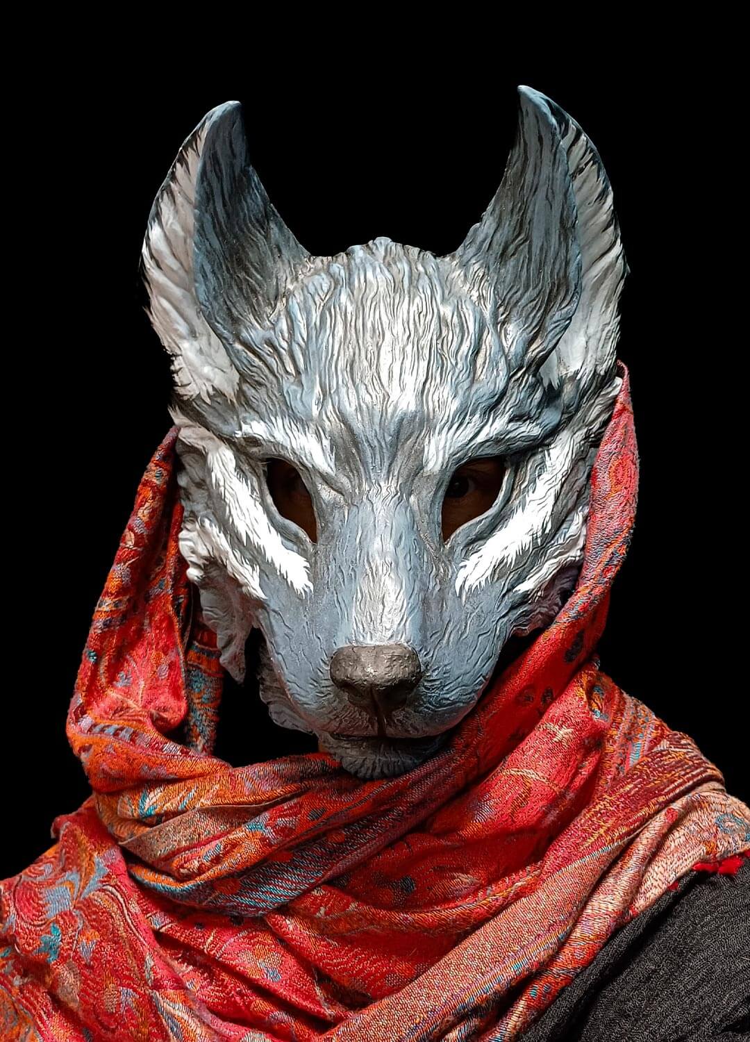 Articulated jaw grey wolf resin mask, showing the moving mouth action