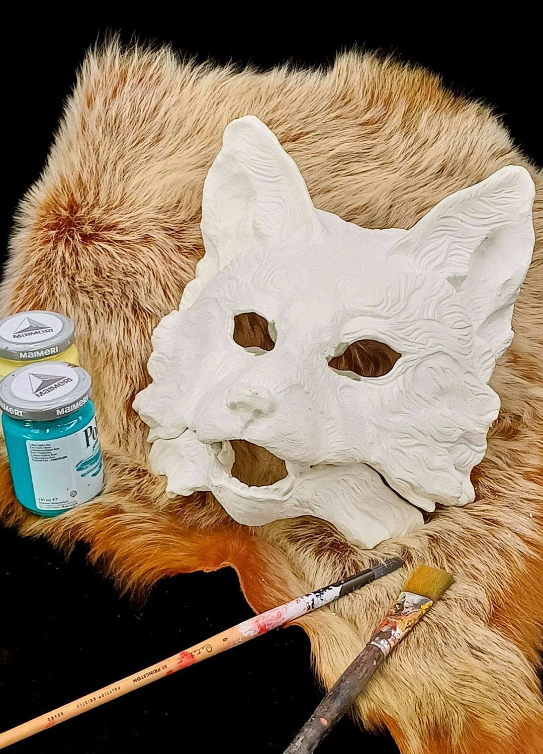 Unpainted Huli Jing fox mask blank, front view, ready for artistic customization.