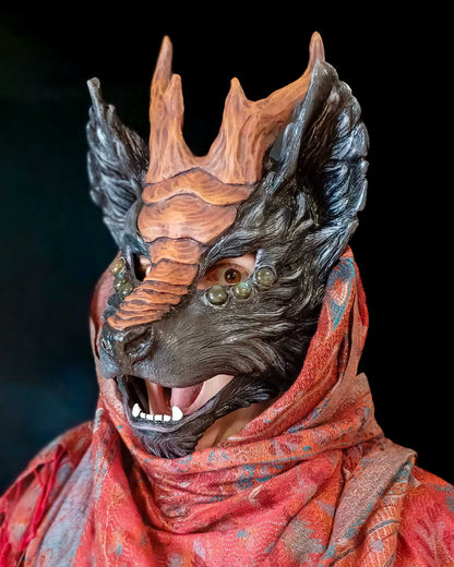 Grey resin Qilin mask, a mythical creature perfect for cosplay and LARP.
