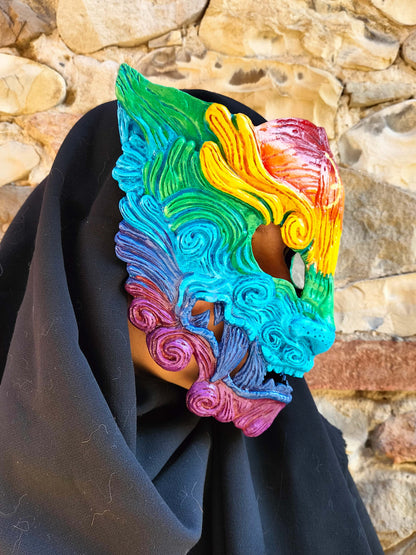 Unique Oni mask showcasing the rainbow flag, perfect for Pride cosplay.
