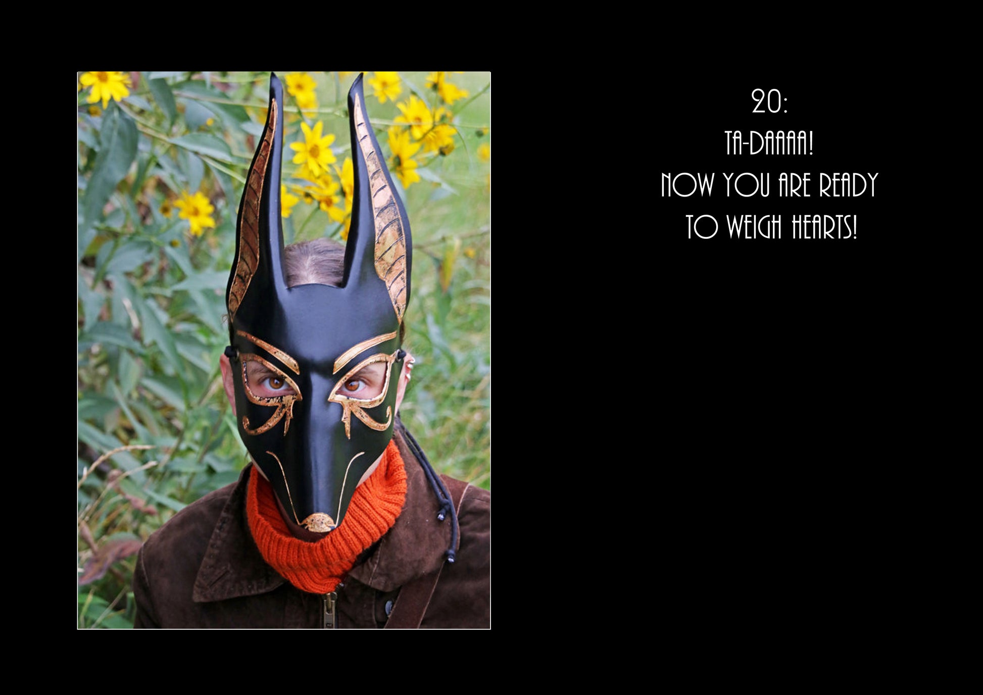 A person wearing a completed Anubis leather mask, showcasing its suitability for cosplay, LARP, or historical reenactment.