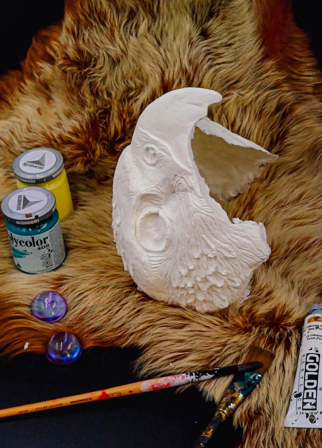 Example of a finished, painted Hawk mask, showcasing potential for cosplay and fantasy themes