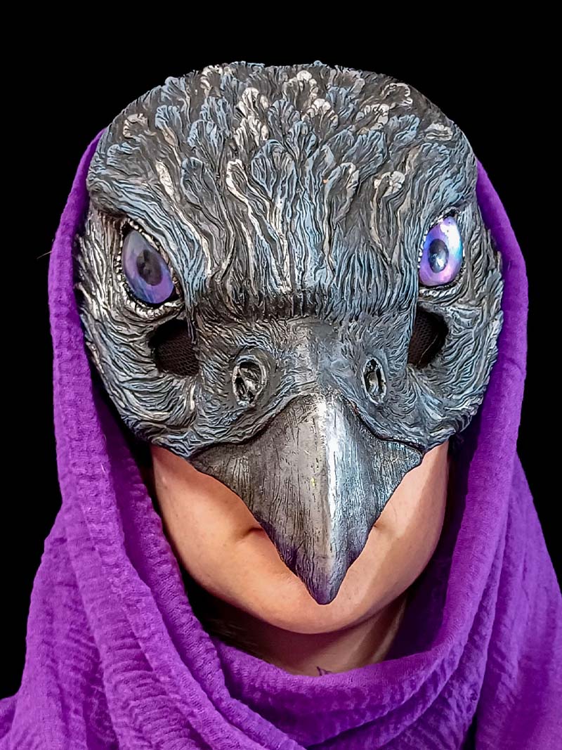 Shop the Magical Hawk mask: A striking silver and purple resin design