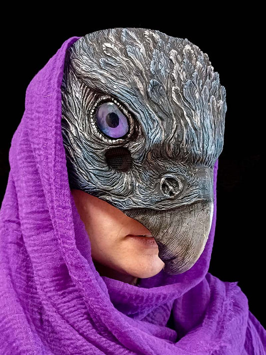 Magical Hawk Resin Mask: Silver feathers and captivating purple eye