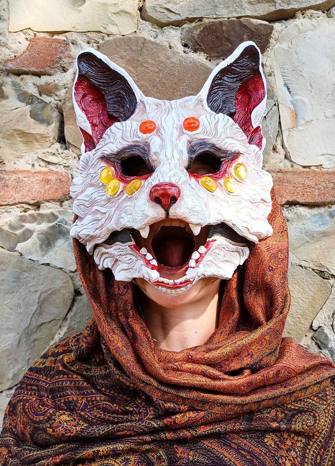 Huli Jing Fox Mask in white with pink accents, featuring high-quality resin material and adjustable straps for comfort.