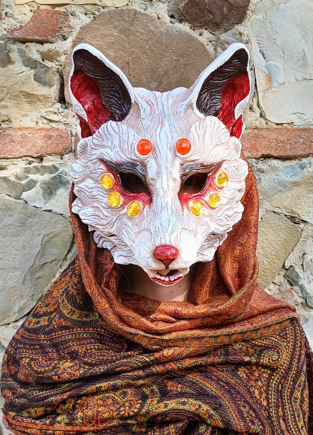 Close-up of the red Huli Jing Fox Mask, hand-painted with customizable gemstone details, ideal for fantasy costumes.