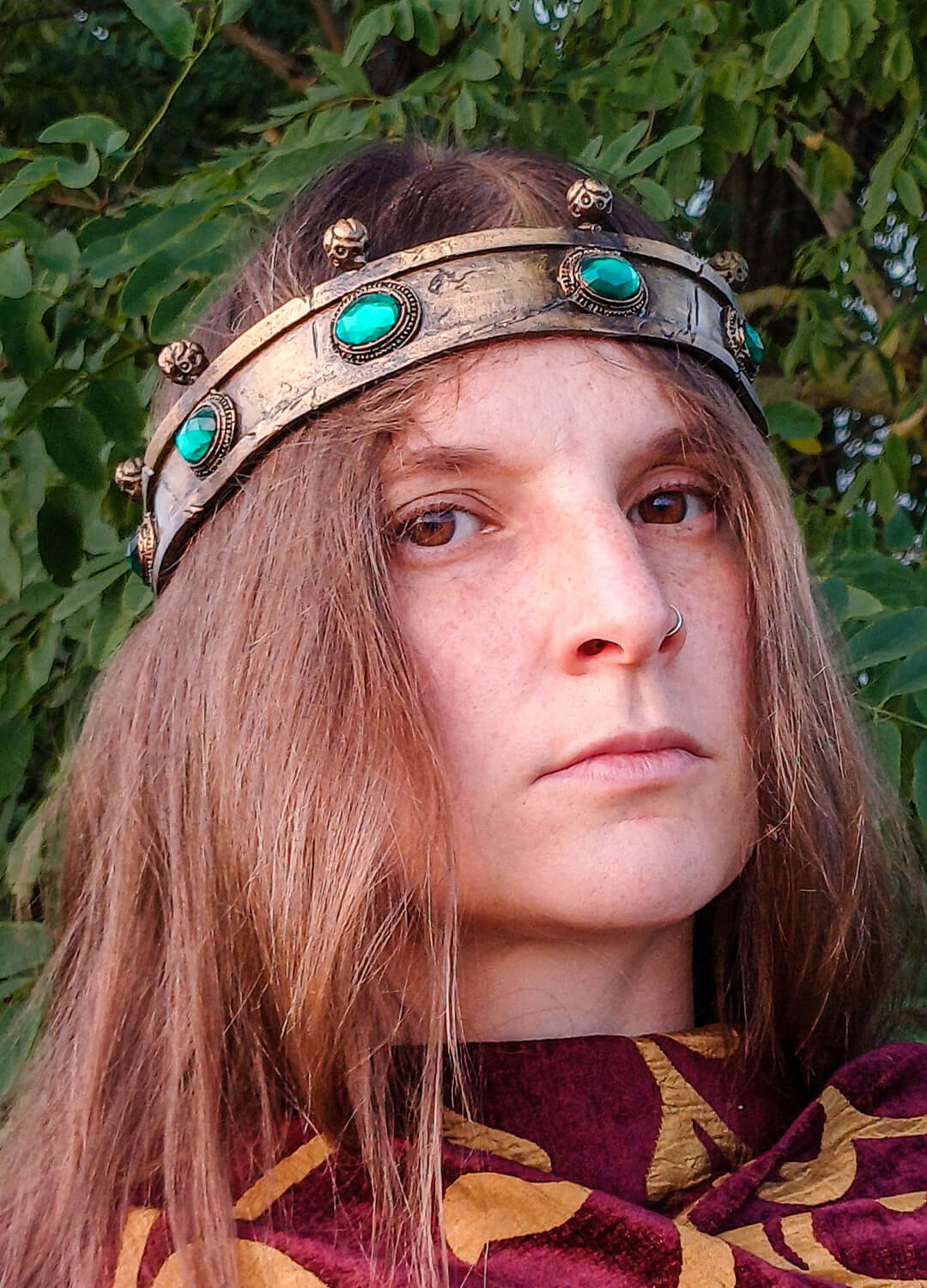 Handmade LARP crown being worn, accessory for fantasy events and cosplay.