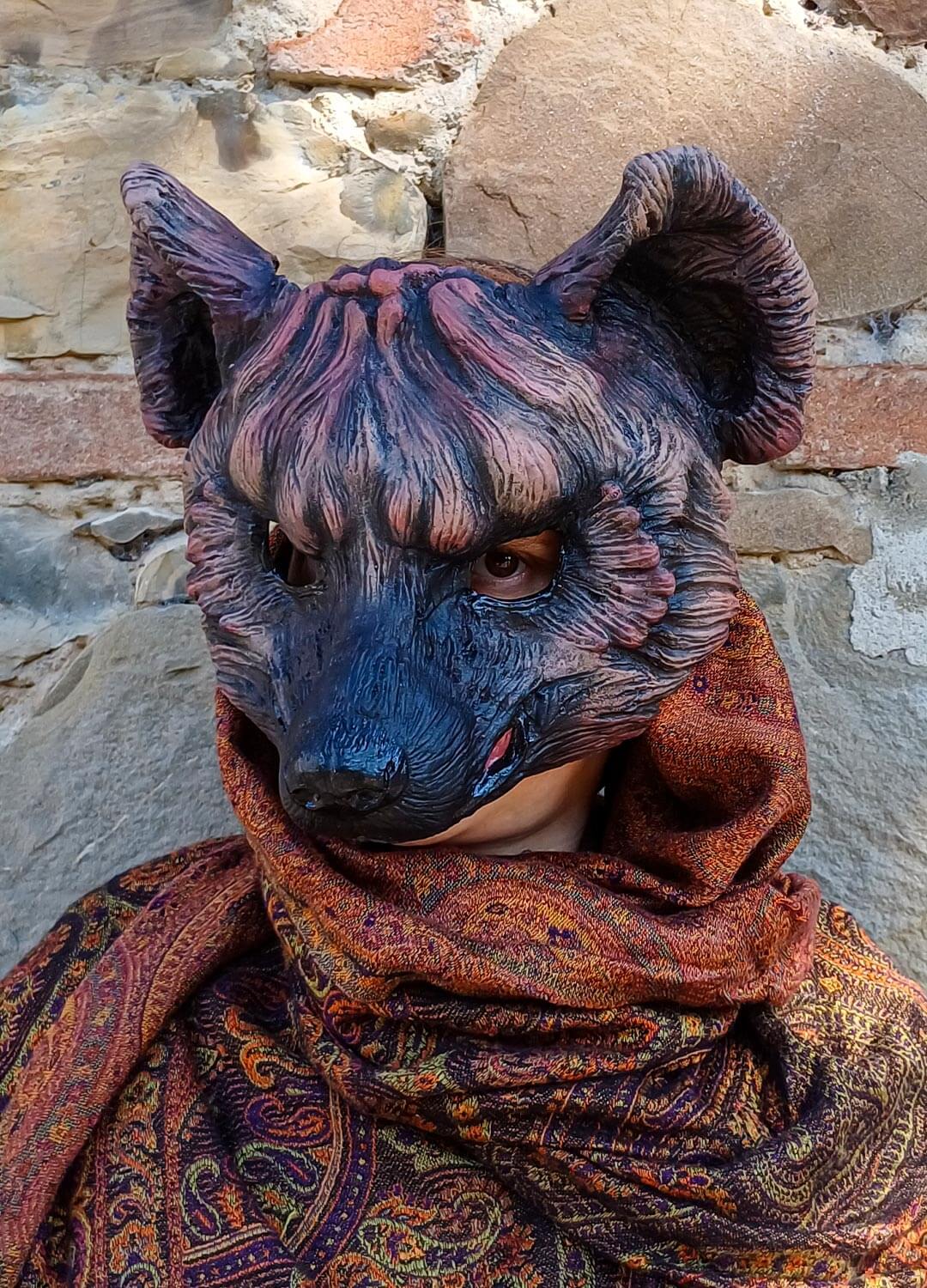 Front view of Hyena mask painted by hand with brown colors , made in resin inspired from african animal and ready for your cosplay costumes, larp costumes and wiccan