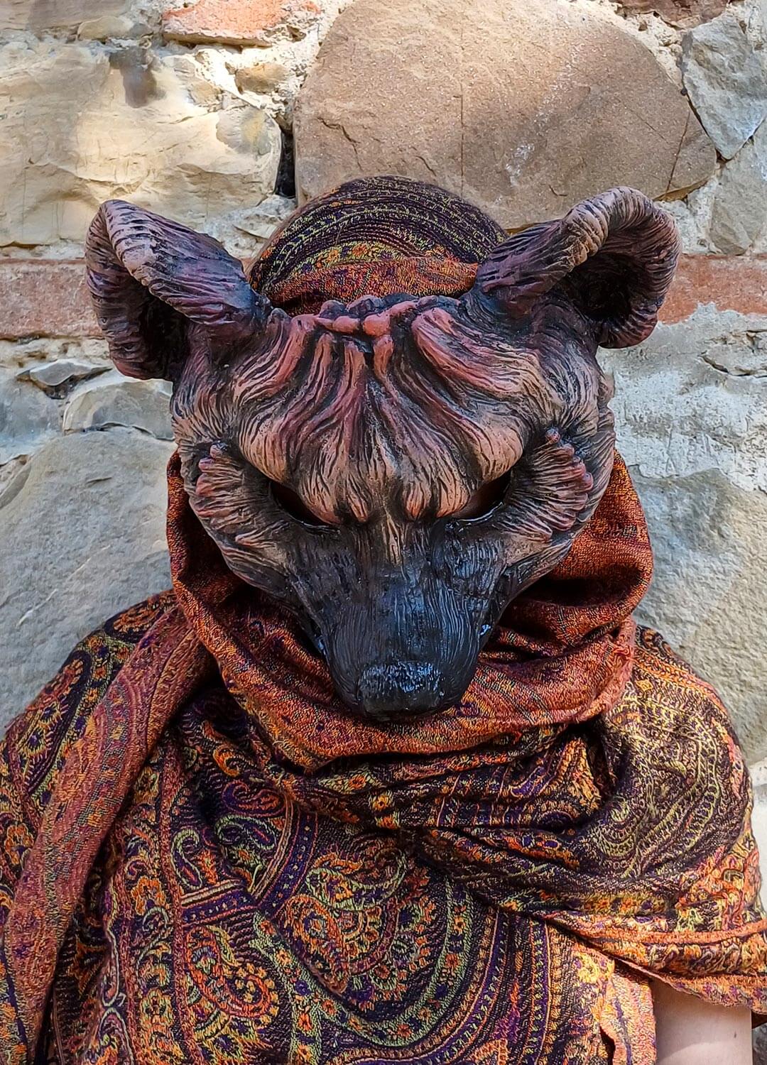 Top view of Hyena mask painted by hand with brown colors , made in resin inspired from african animal and ready for your cosplay costumes, larp costumes and wiccan