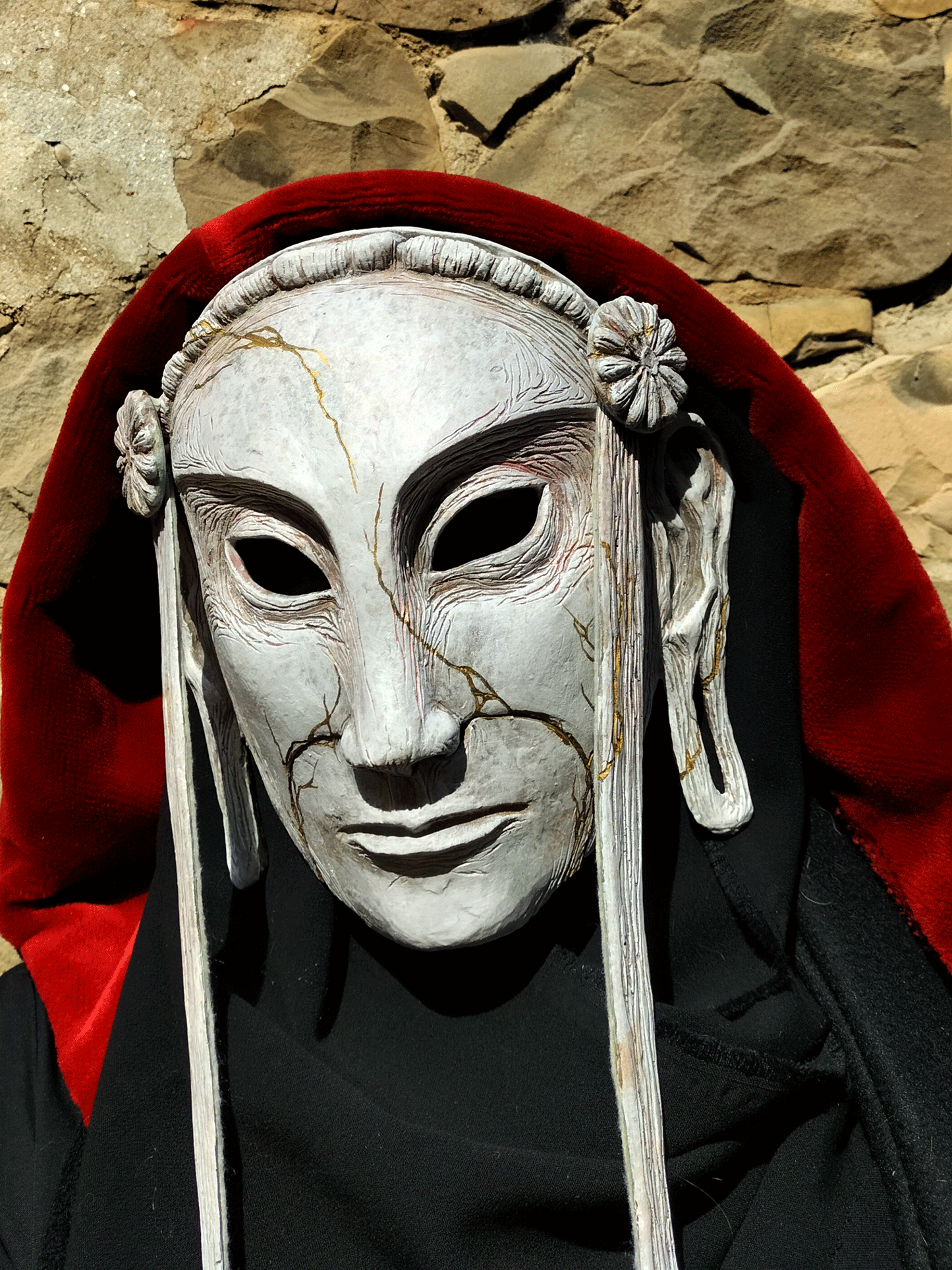 Resin Stone Poet mask, inspired by Sanjūsangen-dō statues, real Labradorite option, durable and lightweight, suitable for costume and display.