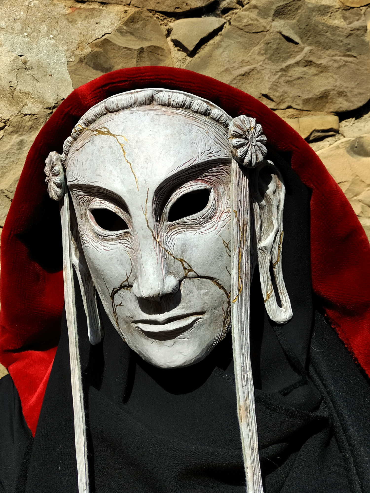 Resin Stone Poet mask, inspired by Sanjūsangen-dō statues, real Labradorite option, durable and lightweight, suitable for costume and display.