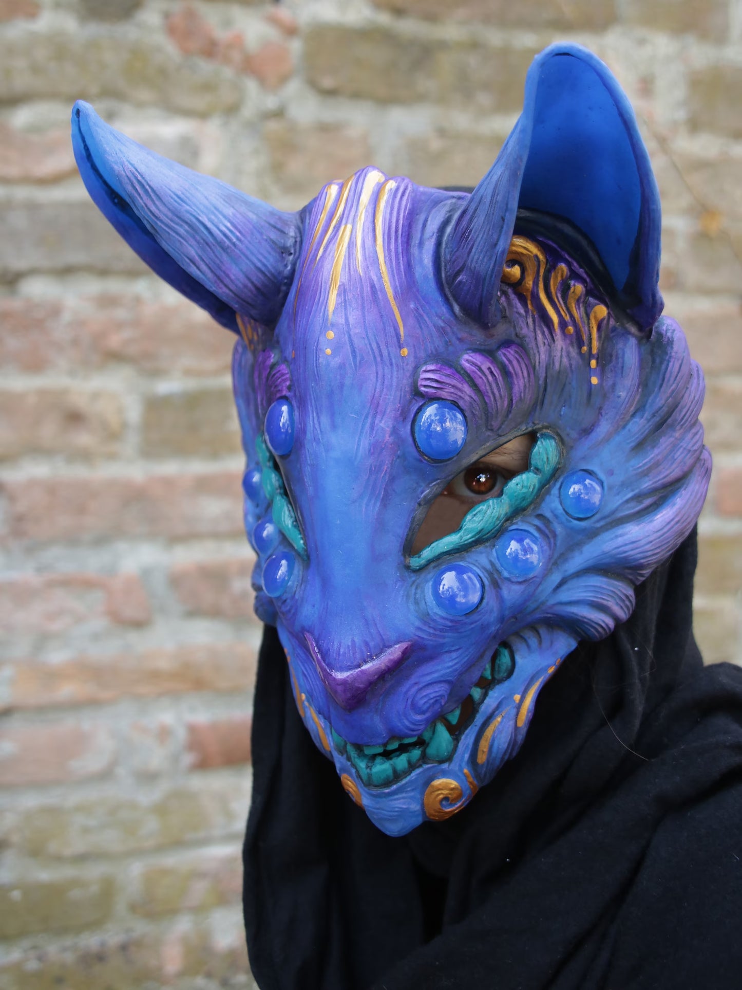 UV-reactive Kitsune mask perfect for parties, LARP, and avatar costumes.
