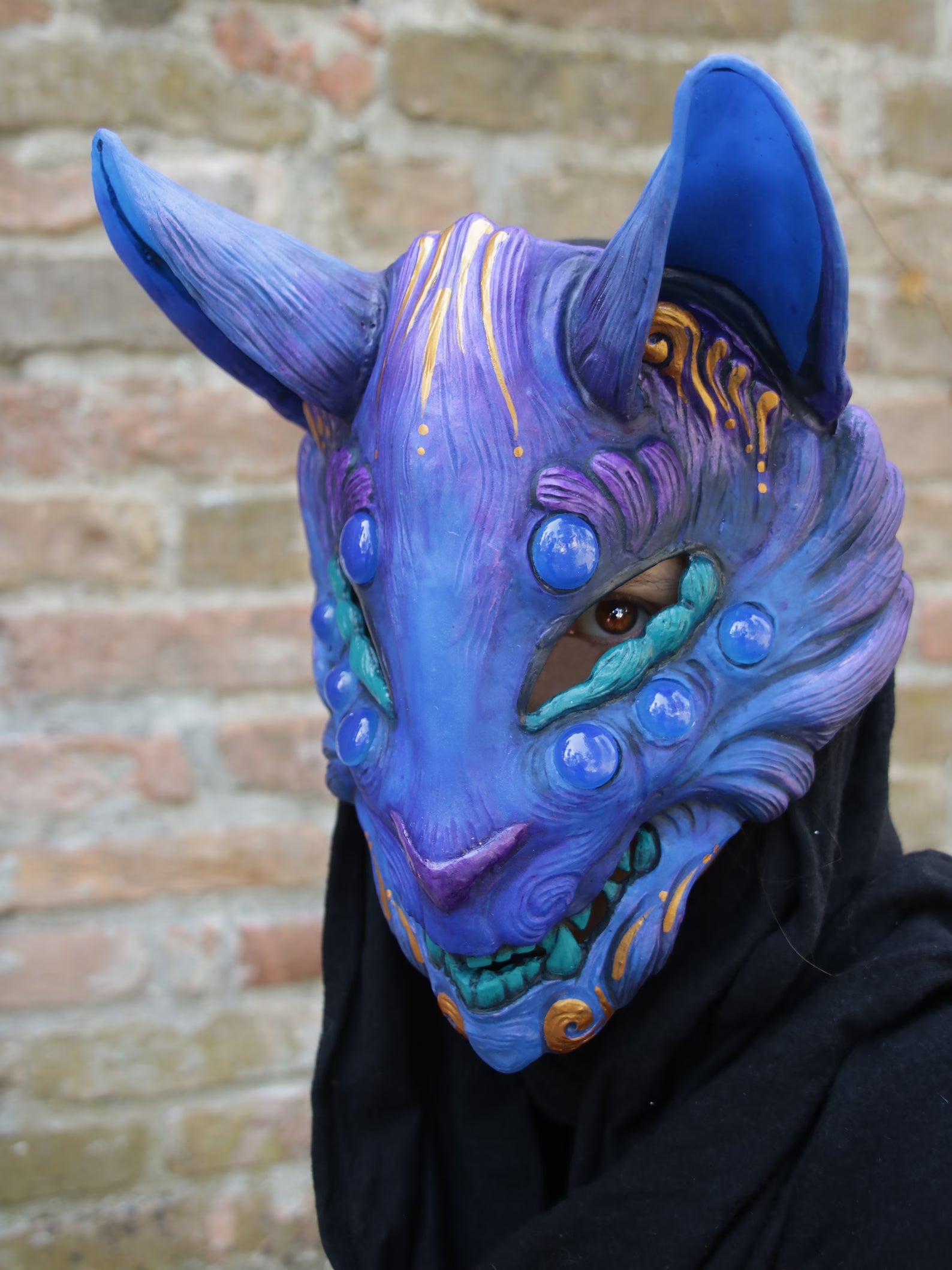 UV-reactive Kitsune mask perfect for parties, LARP, and avatar costumes.
