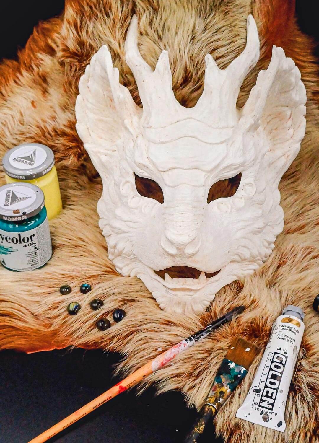 Unpainted Kirin Qilin resin mask, front view, ready for Chinese demon mask customization.