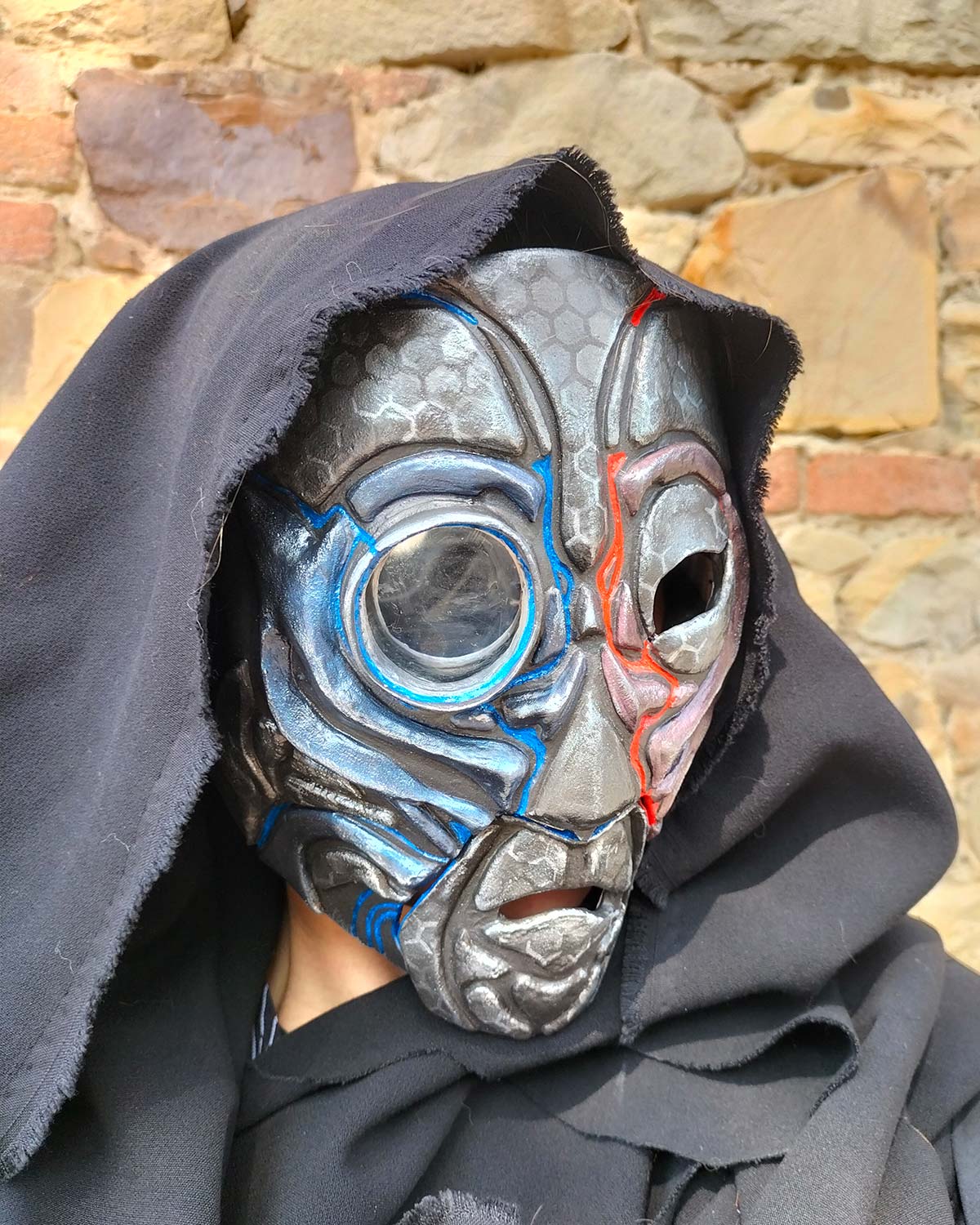 UV Reactive Engravings on Cyberpunk Droid Mask, Glowing Under Blacklight