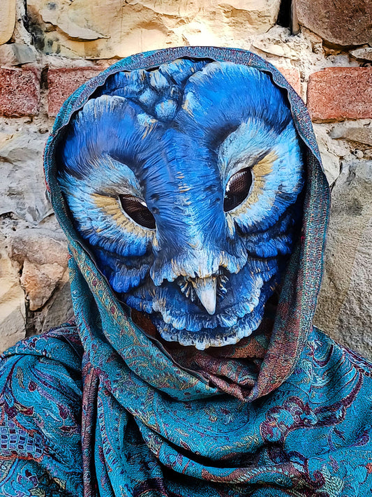 Close-up of the resin texture and hand-painted artistry of the Regal Barn Owl mask