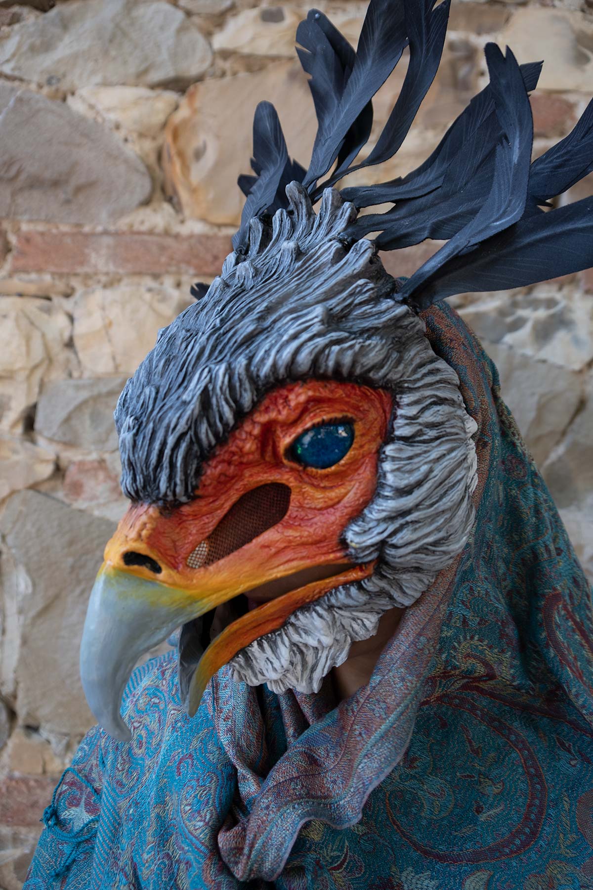 Serpentario Resin Mask, handcrafted fantasy mask, intricate details, dark feathers.