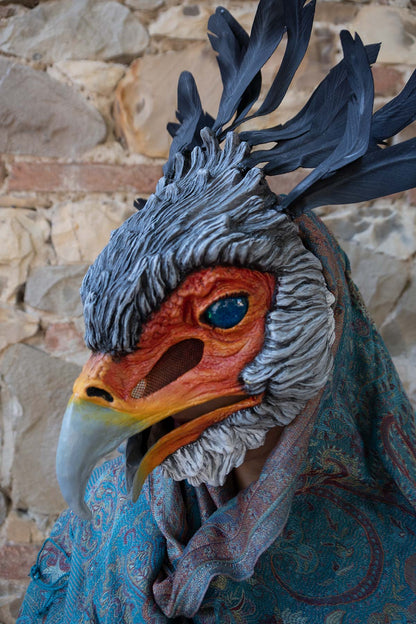 Serpentario Resin Mask, handcrafted fantasy mask, intricate details, dark feathers.