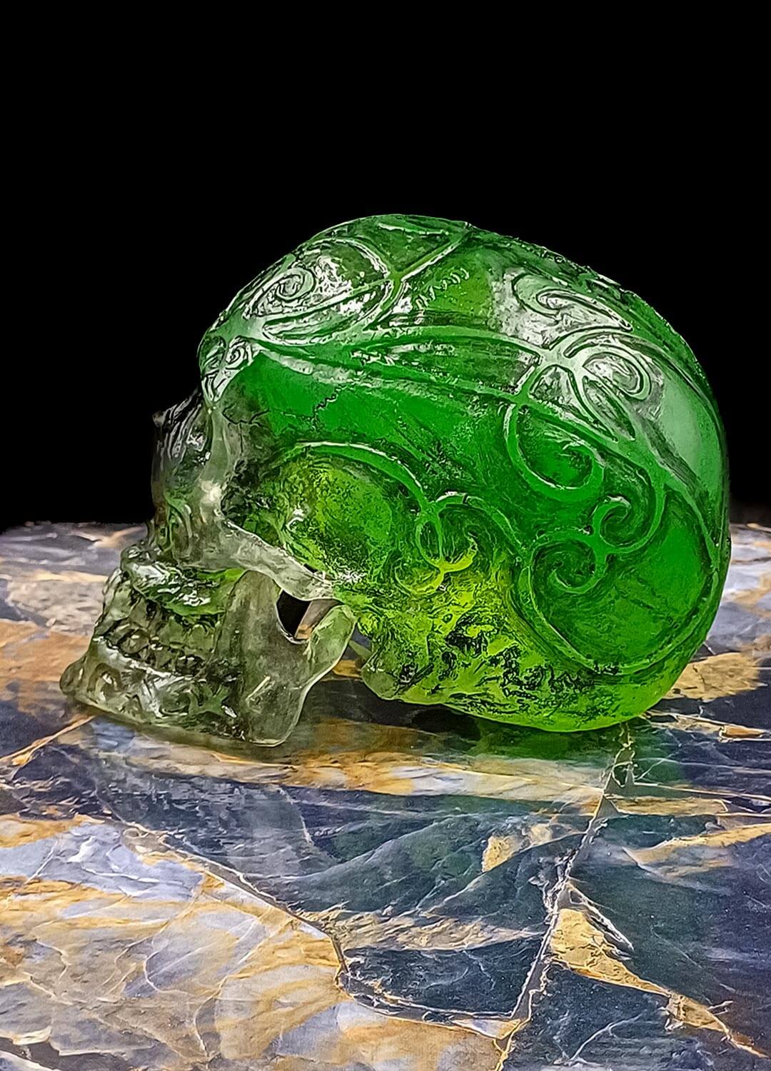 Resin skull gothic decor, displayed on shelf, hand-carved details