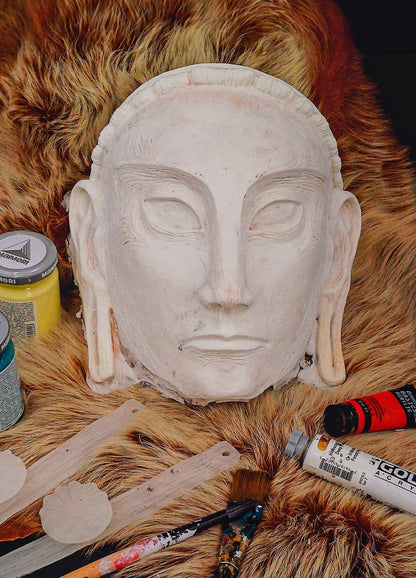 Blank white resin Stone Poet mask, ready for DIY painting and decoration.
