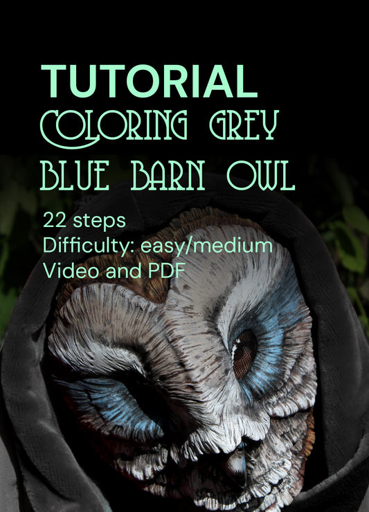Blue grey owl resin mask with hand-painted feather textures and luminous eye highlights, displayed on neutral background – perfect for cosplay, LARP, and DIY resin art enthusiasts.