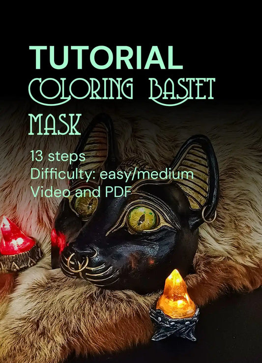 Black and gold Bastet cat mask tutorial for painting a blank resin mask. This is a step-by-step guide for a half-mask, featuring a Grey Anderson cat design with an Egyptian and Wiccan aesthetic. This cosplay, LARP, or theater mask painting tutorial is easy to medium difficulty.