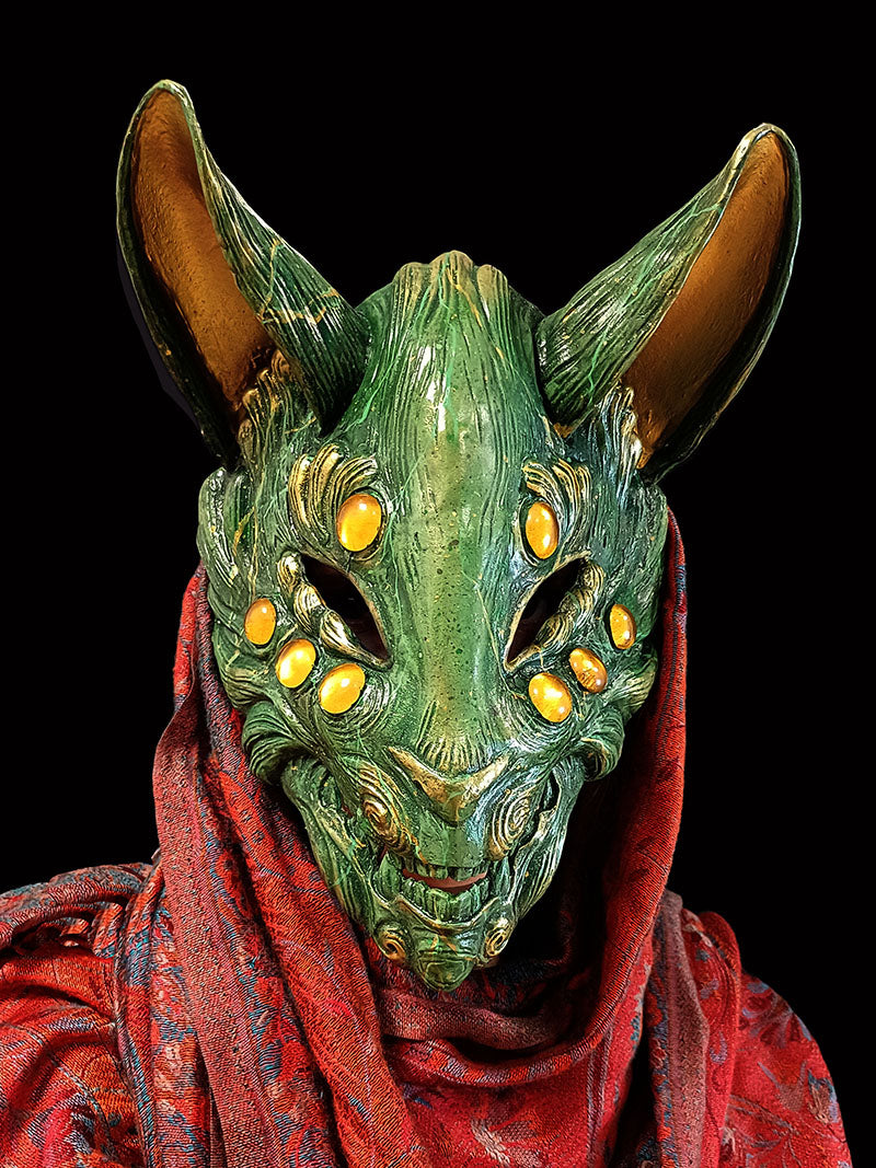 Comfortable and lightweight jade Kitsune mask for extended wear.
