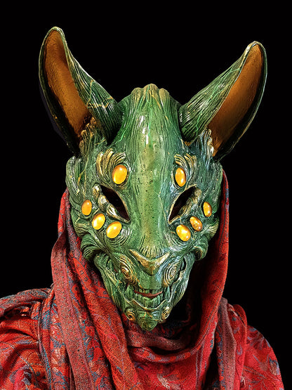 Comfortable and lightweight jade Kitsune mask for extended wear.
