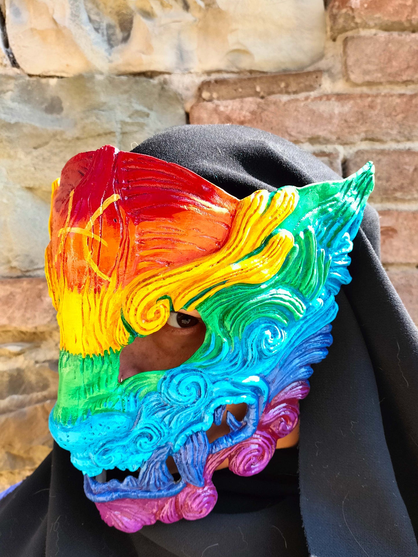 Customizable Pride Oni mask with precise rainbow lines and optional zodiac symbol.
