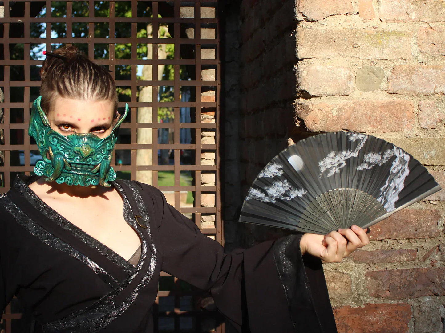 Buy the Half Mask Oni in Oak Foam with green colors inspired by Japanese Oni an alternative to resin mask  for Cosplay costumes, Larp Clothing