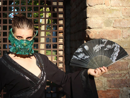 Buy the Half Mask Oni in Oak Foam with green colors inspired by Japanese Oni an alternative to resin mask  for Cosplay costumes, Larp Clothing