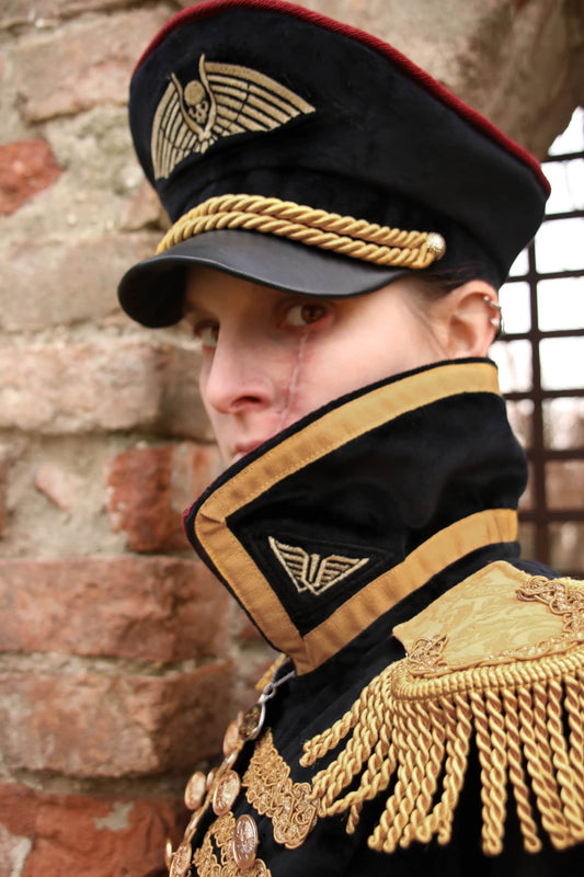 Custom-made Commissar Cap for WH40K LARP, highlighting its unique design.
